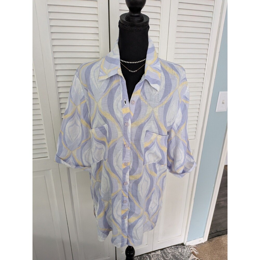 JM Collection Tunic Top Women's 16 Purple Yellow Geo Pattern 100% Linen Artsy